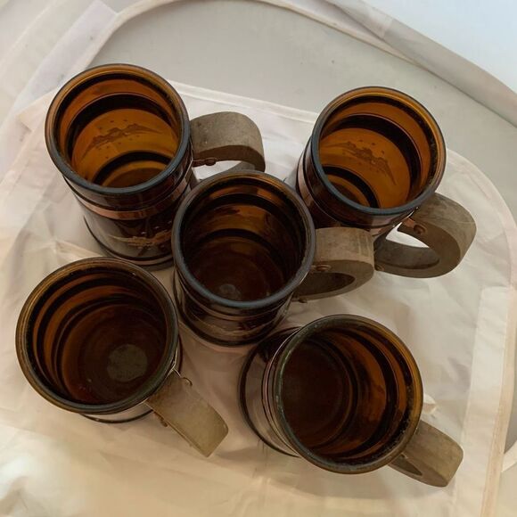 Vintage Siesta Ware Amber Glass Patriotic Eagle Wooden Handle Mug Stein Set of 5 - Picture 7 of 10